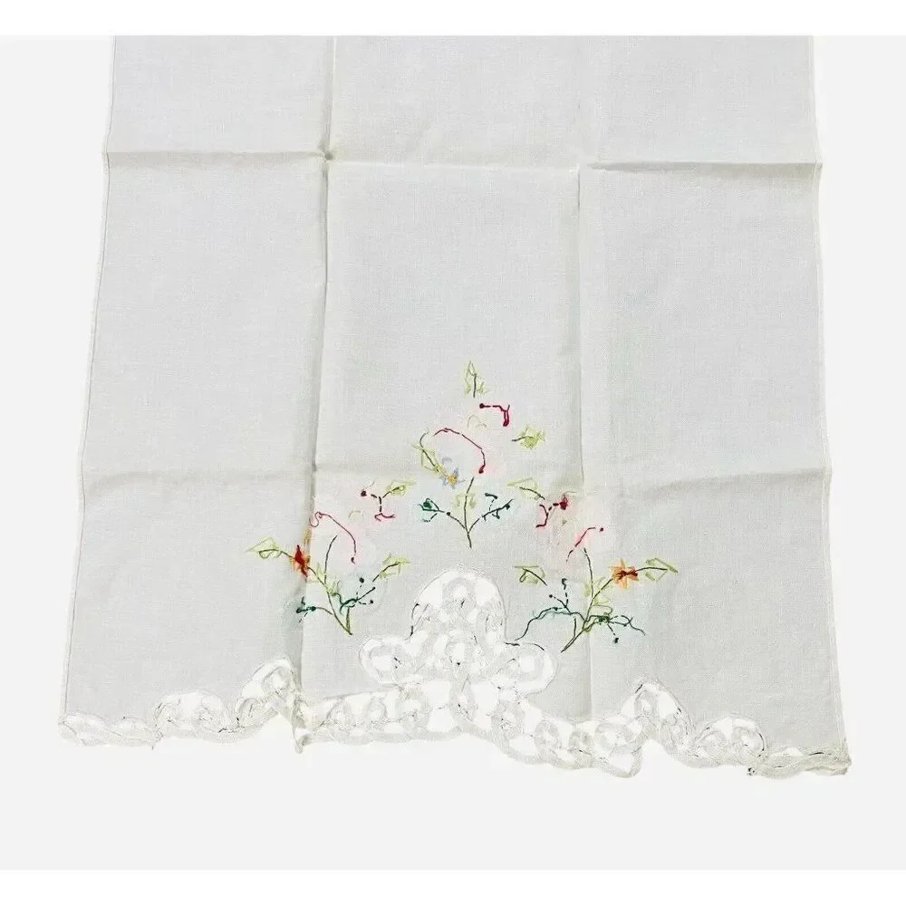 Vintage Pink Flower Linen Tea Towels Set 2 Lace Edge 22x14 Appliqué Embroidered